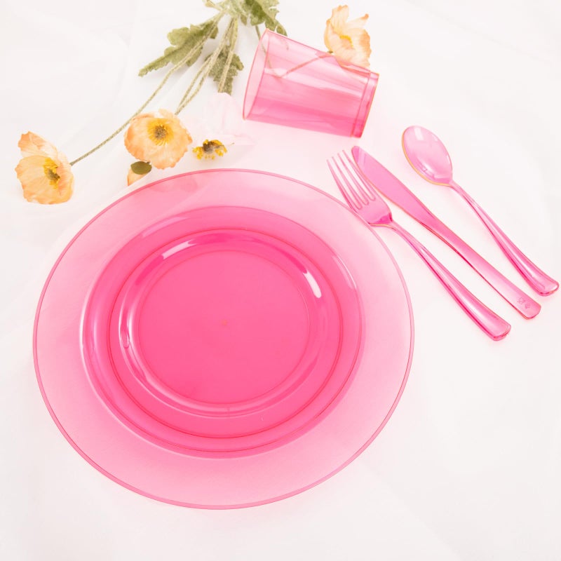 WDF 25 Guest Pink Plates with Pink Plastic Silverware&Pink Cups-Neon Clear Disposable Dinnerware include 50 Plates,25Forks, 25 Knives, 25 Spoons,25 Plastic Cups for Party and Baby Shower - Image 4